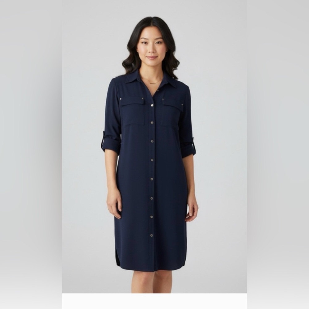 Calvin Klein Navy‎ Stretch
Button Front Shirtdress Roll
Tab Sleeves SZ 6